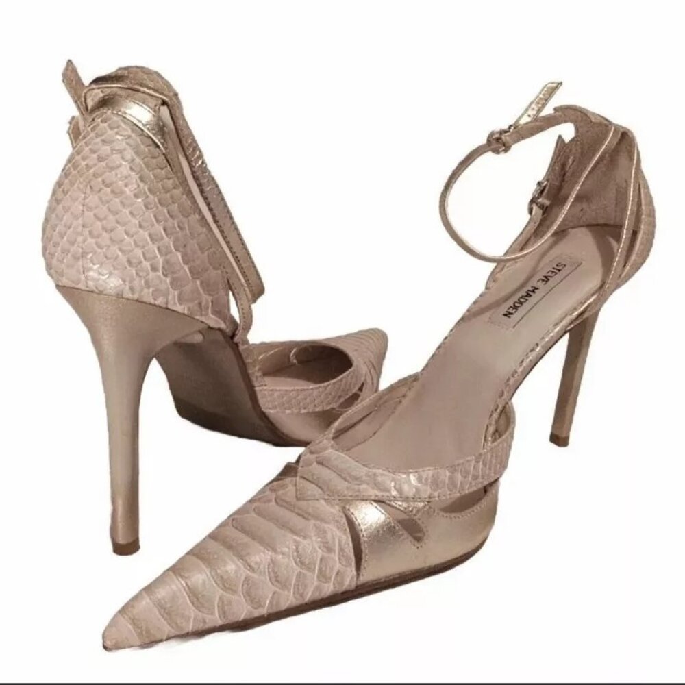 Steve Madden Heels Barracuda Whte Alligator Pointed Spike Ankle Strap Sz 10